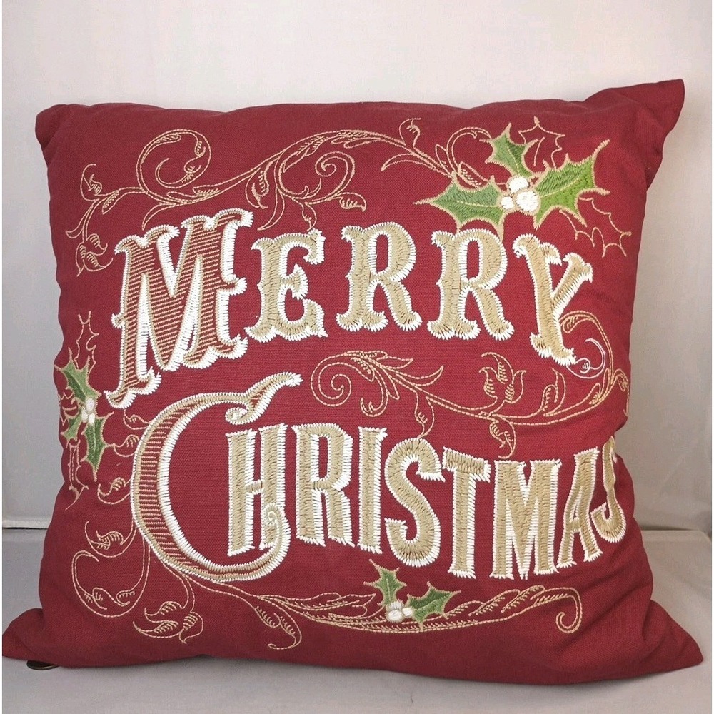 PIER 1 Imports Christmas Canvas Pillow Embroidered Merry Christmas Red 16" x 17"